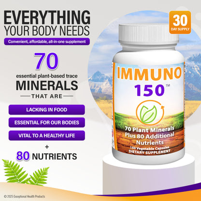 Immuno 150, Immune Support Supplement, Packed with 70 Plant Minerals, 13 Essential Vitamins and 68 Additional Nutrients-150 Vegetable Capsules