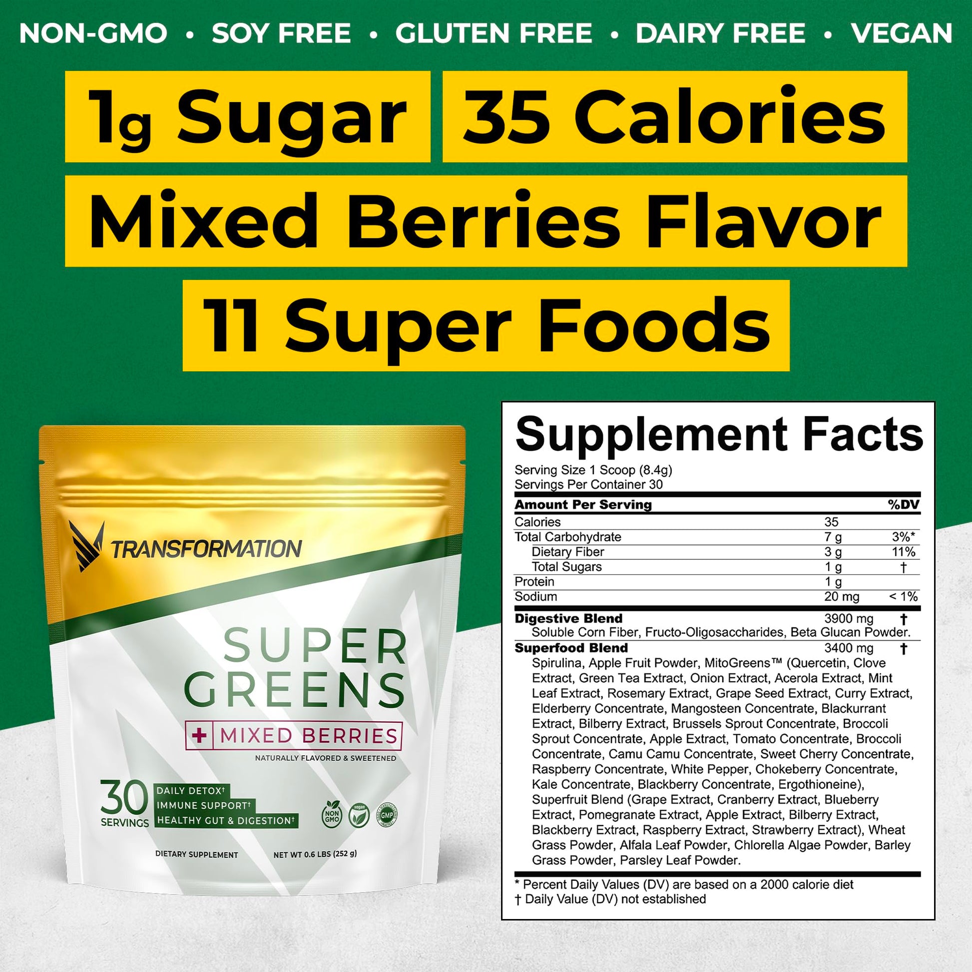 Transformation Super Greens Superfood Green Juice Powder - Immune & Energy Support | Natural Ingredients | Detoxifying & Alkalizing Minerals - Spirulina, Chlorella, Wheatgrass, Spinach, Alfalfa SPR BODYBuy Supplements Australia