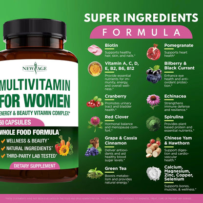 NEW AGE Multivitamin for Women - B-Complex, Whole Foods, Hair Support, Iron - All in1 Womens Multivitamin NEW AGE