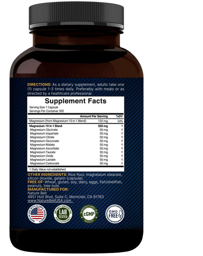 Magnesium Complex 500mg, 300 Capsules | 10-in-1 Magnesium Glycinate, Citrate, Malate & More | Chelated Form for Easy Absorption | Non-GMO NatureBellBuy Supplements Australia