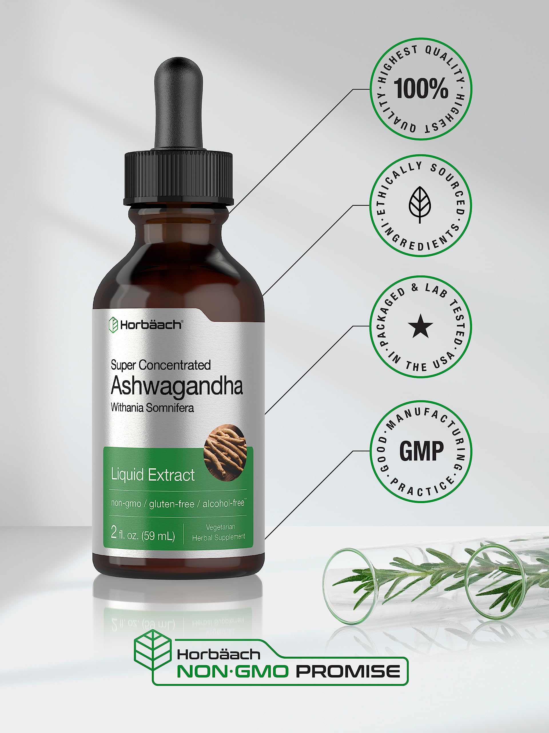 Ashwagandha Root Liquid Extract | 2 fl oz | Alcohol Free Tincture | Vegetarian, Non-GMO, Gluten Free Supplement | by Horbaach HorbäachBuy Supplements Australia