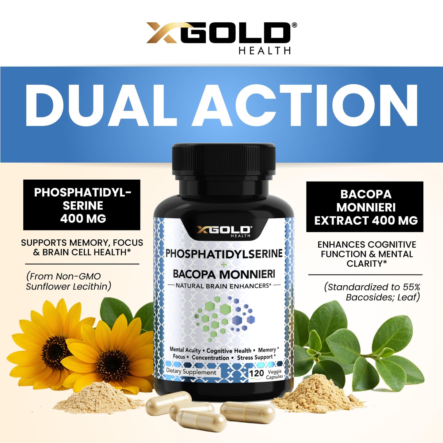 PhosphatidylSerine & Bacopa Monnieri 800 mg 2 in 1 Supplement - Natural Brain Enhancer/Nootropic for Enhanced Focus and Concentration, Memory Support, & Cognitive Function - 120 Vegetarian Capsules X Gold HealthBuy Supplements Australia