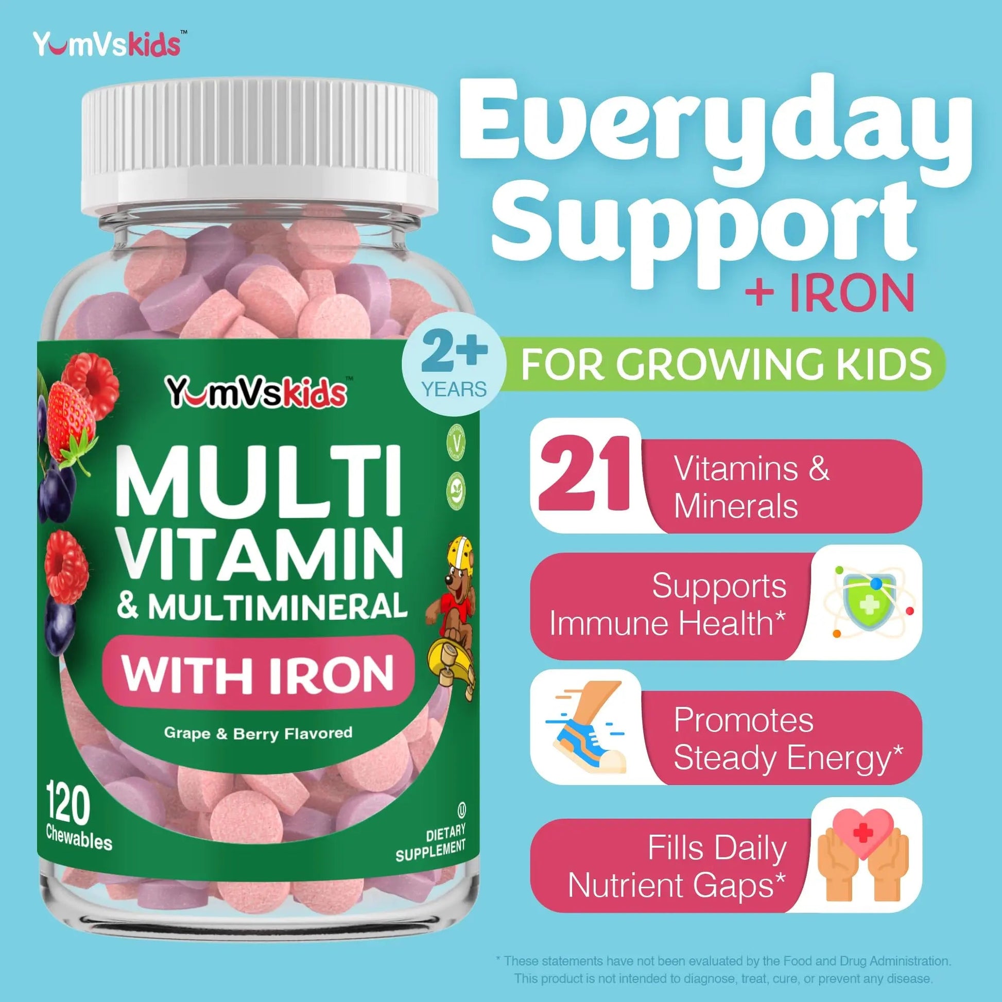 YumVs Kids Multivitamin with Iron & Minerals Chewable Tablets – Grape & Berry Flavor Vitamins for Toddlers & Children Age 2+ – Daily Multivitamin YUM-V'SBuy Supplements Australia