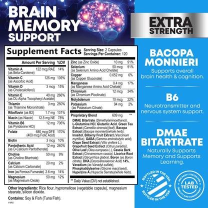 Brain Memory Supplement Pills - 3X Strength Nootropics for Concentration, Clarity & Focus Support - Brain Health Cognitive Vitamins with Bacopa, Phosphatidylserine & DMAE, Brain Booster - 240 Capsules Nature's NutritionBuy Supplements Australia