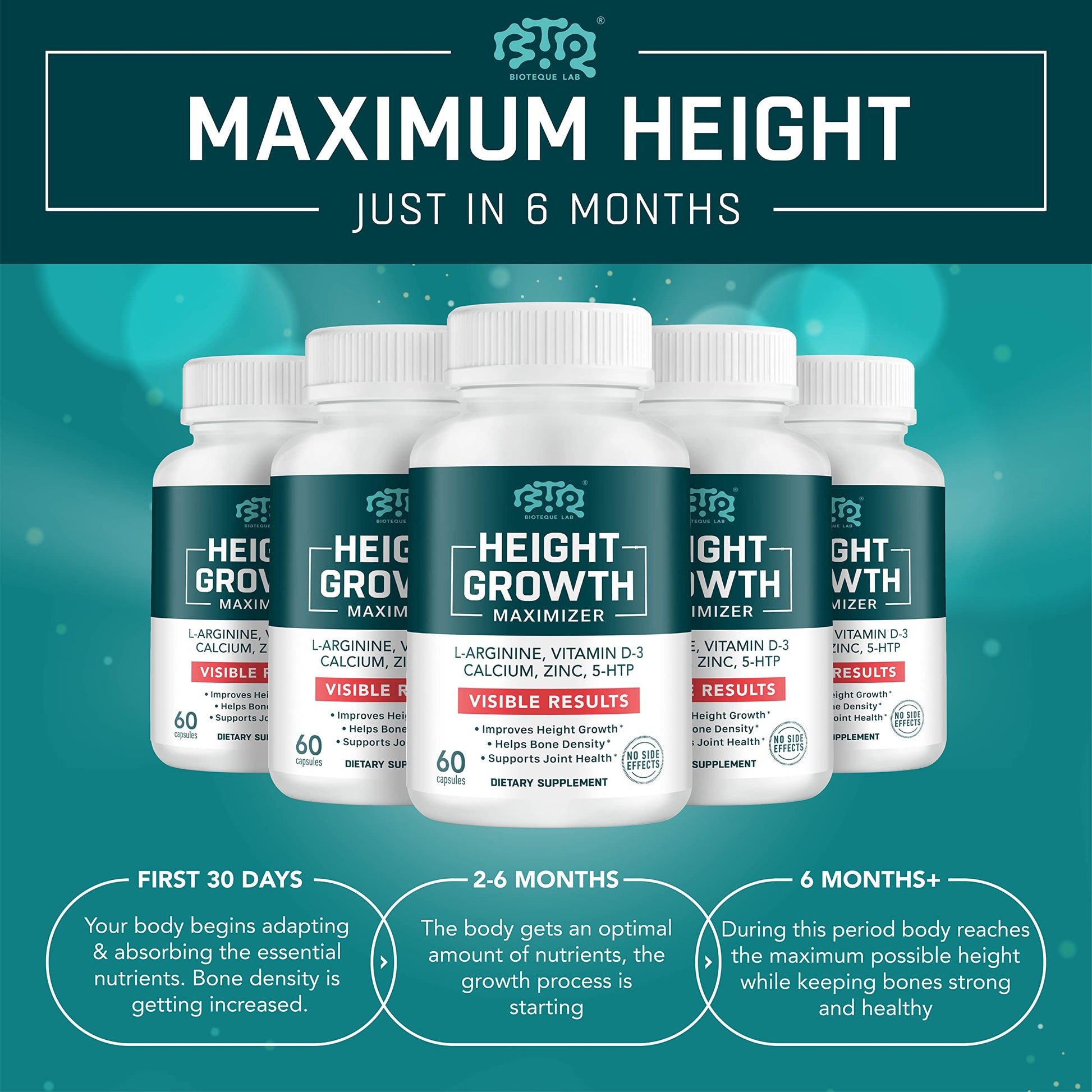 BIOTEQUELAB Height Growth Maximizer, Calcium, Vitamin D3 and Zinc Blend Pills, Bone Growth Supplement for Kids and Teens, Bone Strength, Density Support, GMO-Free, Gluten-Free, Made in USA, 60 Caps BTQ BIOTEQUE LABBuy Supplements Australia