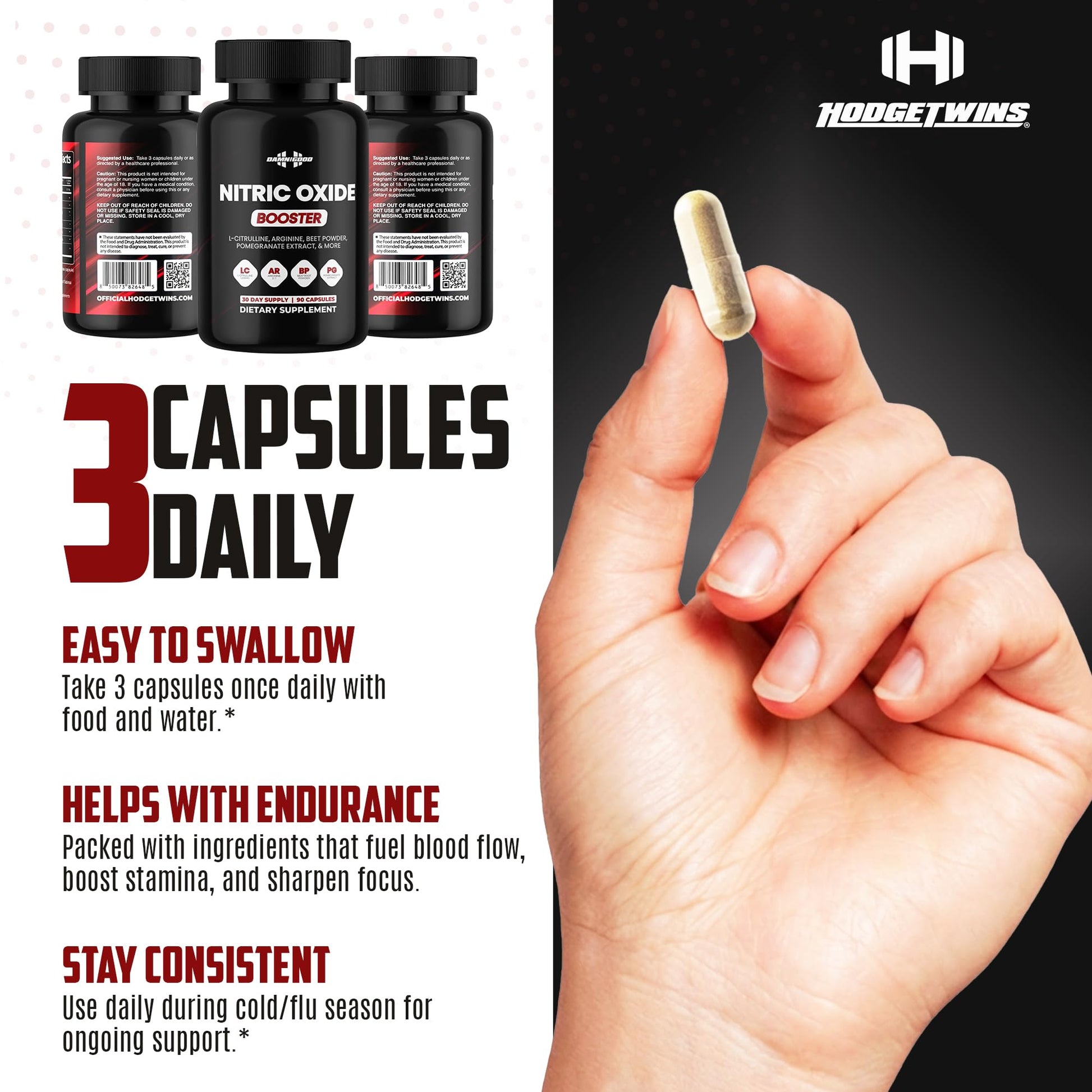 DAMN GOOD The Hodge Twins Nitric Oxide Booster – Beet Root Nitric Oxide & Arginine Citrulline Supplement, Pomegranate Blend for Workout Drive, Endurance Support & Pump Power - 90 Capsules DAMN GOODBuy Supplements Australia