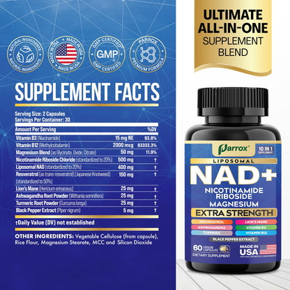 Parrox NAD+ Supplement with Liposomal NAD+, Nicotinamide Riboside, Magnesium, Vitamin B3 & B12, Resveratrol, Turmeric, Ashwagandha, Lion’s Mane,10-in-1 Extra Strength (2 Pack) ParroxBuy Supplements Australia