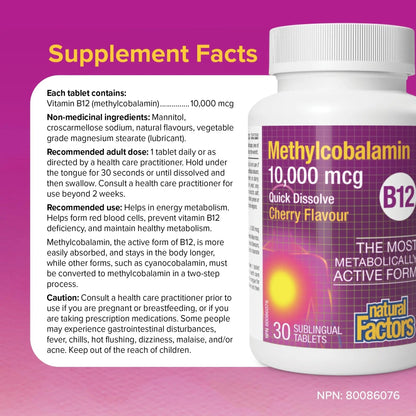 Natural Factors B12 Methylcobalamin, 10,000 mcg, Cherry, 30 Chewable Tablets Natural FactorsBuy Supplements Australia