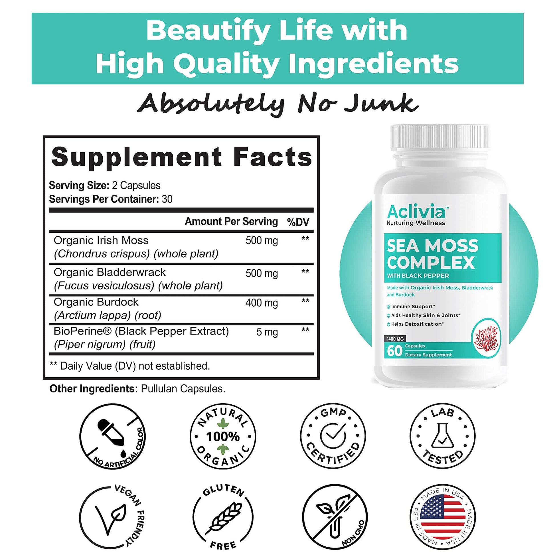 Aclivia - Organic Irish Sea Moss Capsules with Bladderwrack & Burdock Root - 102 Minerals Sea Moss Supplement - Thyroid Support, Immune Boost - Non-GMO (60 Count) AcliviaBuy Supplements Australia