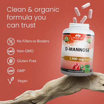 NaturaLife Labs Organic D-Mannose 1300 mg with Organic Cranberry Extract 100 mg per Serving – 100 Capsules – Non-GMO, Gluten-Free, Vegan NaturaLife LabsBuy Supplements Australia
