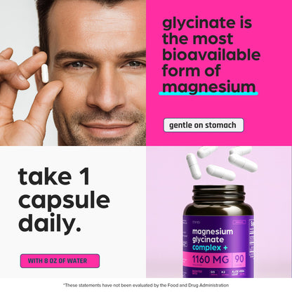 Magnesium Glycinate 1160mg + Aloe Vera, D3 & K2 Complex 90 Capsules - High Absorption, Non-Laxative - Supports
