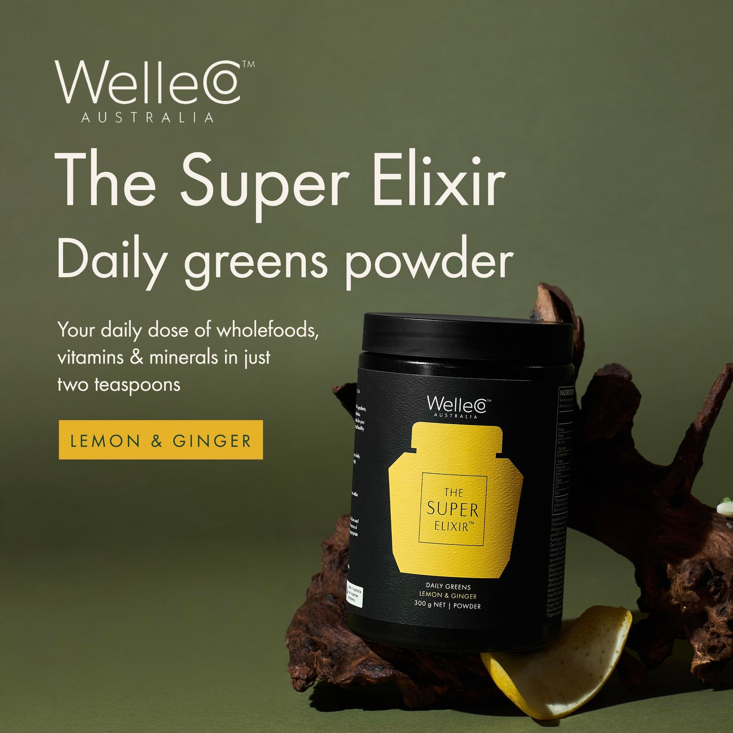WelleCo The Super Elixir Daily Greens Powder, Probiotic Drink Mix with Whole Foods, Gluten Free, Vegan Gut Health Powder, Energy, Immunity, Healthy Skin, Hair & Nails (300g, Lemon Ginger) WelleCoBuy Supplements Australia