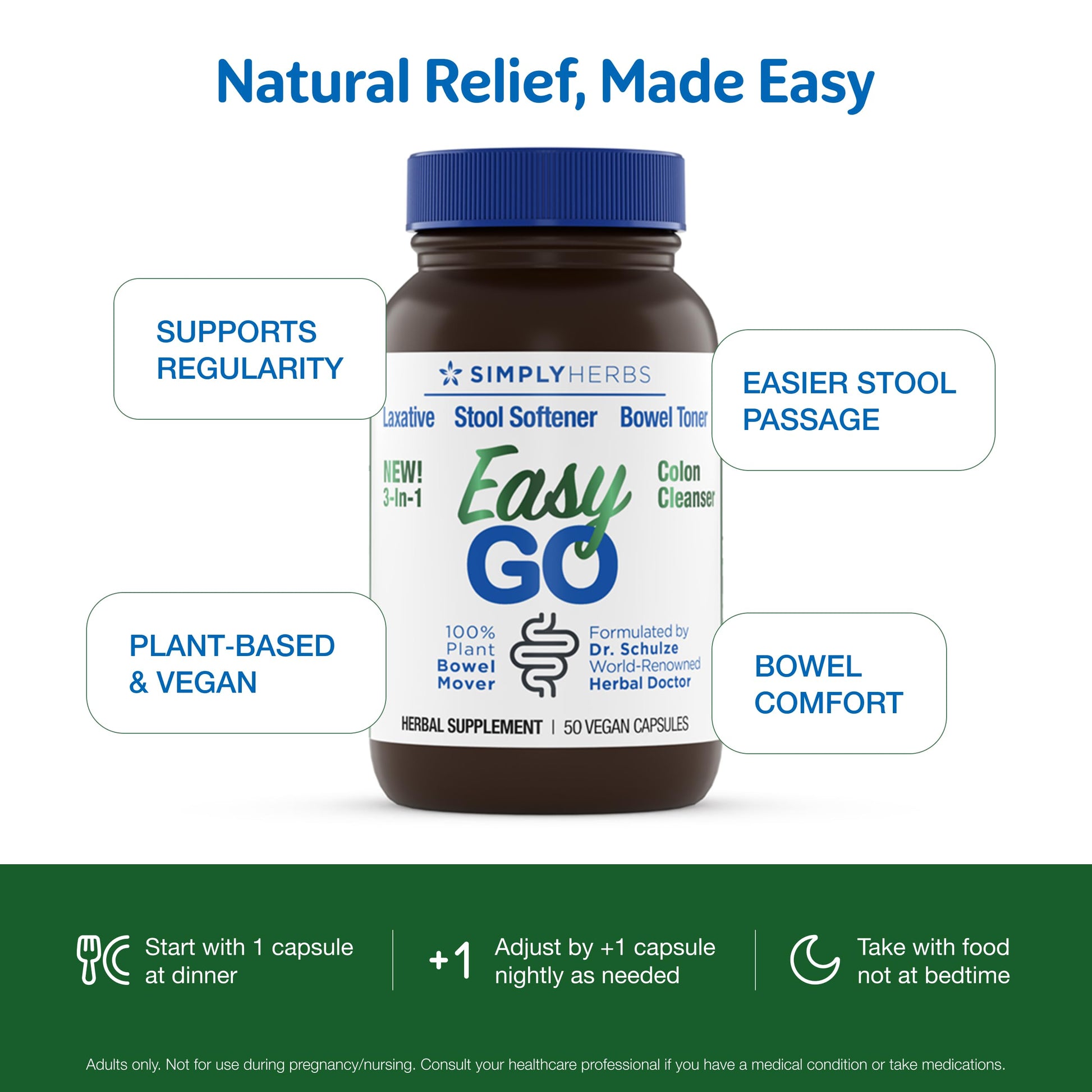 Simply Herbs Easy Go Bowel Mover - Adult Cleansing Supplement for Colon Health Support - Bowel Movement Aid - Stool Softener - Daily-Use Laxative - Plant-Based Ingredients - Vegan - 50 Count Dr. Schulze'sBuy Supplements Australia
