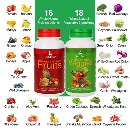 Fruit and Veggies Supplement Ingredients Natural – 2 Bottles 180 Total Vegetarian Capsules | Balance of Natural 16+18 Whole Fruits & Veggies Blend | Fresh Superfood Formula with Vitamins and Minerals JulyDeerBuy Supplements Australia
