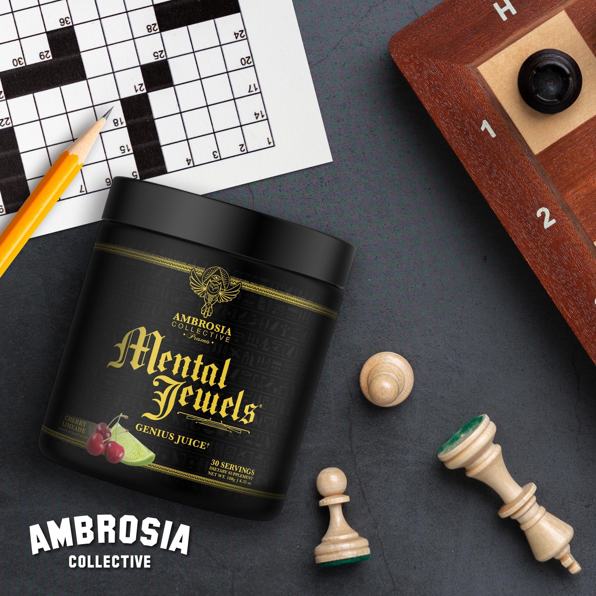 Ambrosia Mental Jewels Nootropic Brain Supplement Powder | Alpha GPC, Bacopa & Phosphatidylserine | Memory, Focus & Concentration Support | 30 Servings | Cherry Limeade AmbrosiaBuy Supplements Australia