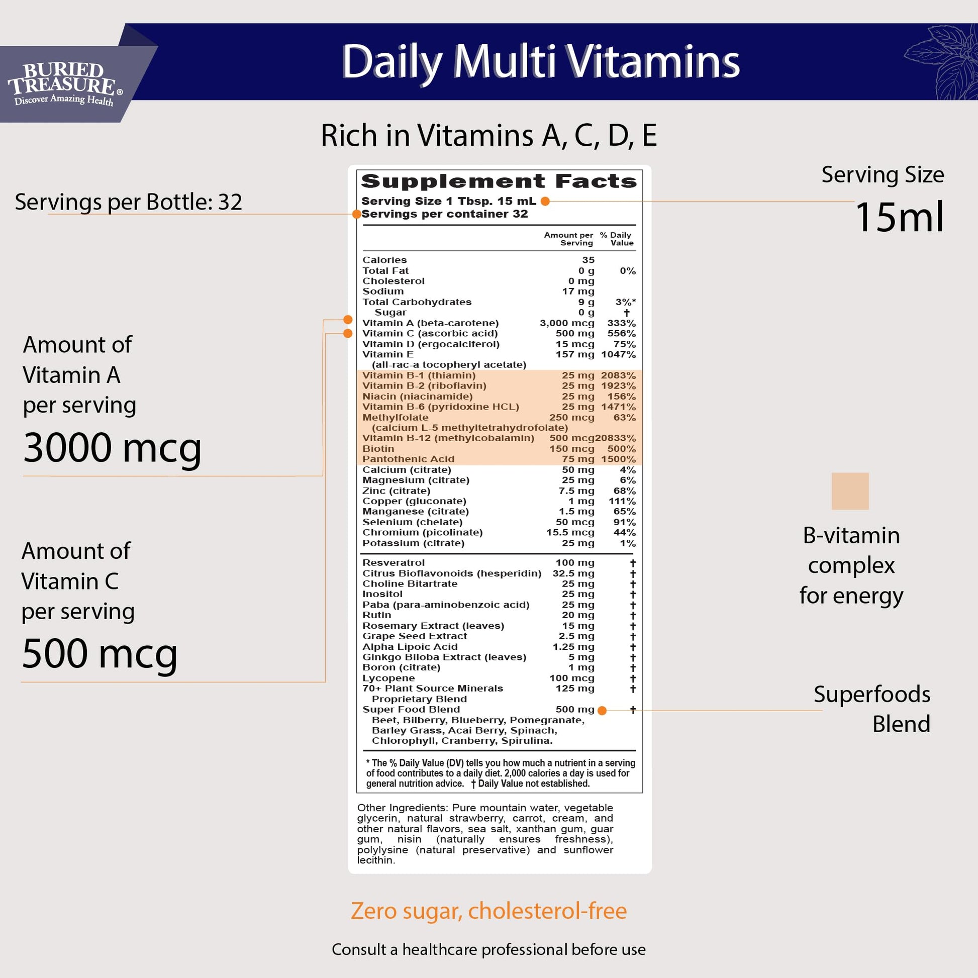 Buried Treasure Daily Nutrition Liquid Multivitamin and Mineral Supplement with Trace Minerals, Superfoods, Vitamin A, B-Complex, C, D, E, Methylfolate, Biotin, Magnesium, Zinc, Resveratrol, 32 serv Buried TreasureBuy Supplements Australia
