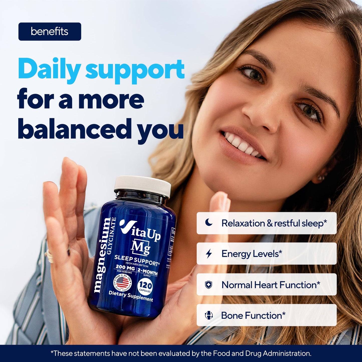 VitaUp Magnesium Glycinate 200mg - USA Made, Highly Absorbed, Non-GMO Magnesium for Relaxation, Deep Sleep, Bones & Heart -