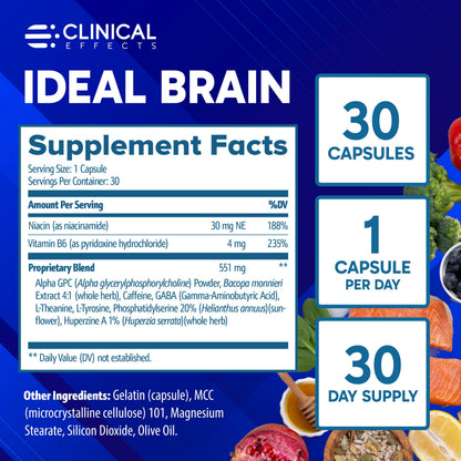 Clinical Effects Ideal Brain - Dietary Supplement for Nootropic Focus and Memory Support - 30 Capsules - B Vitamins, GABA, Alpha-GPC - Helps Support Mental Focus, and Optimal Brain Function Clinical EffectsBuy Supplements Australia