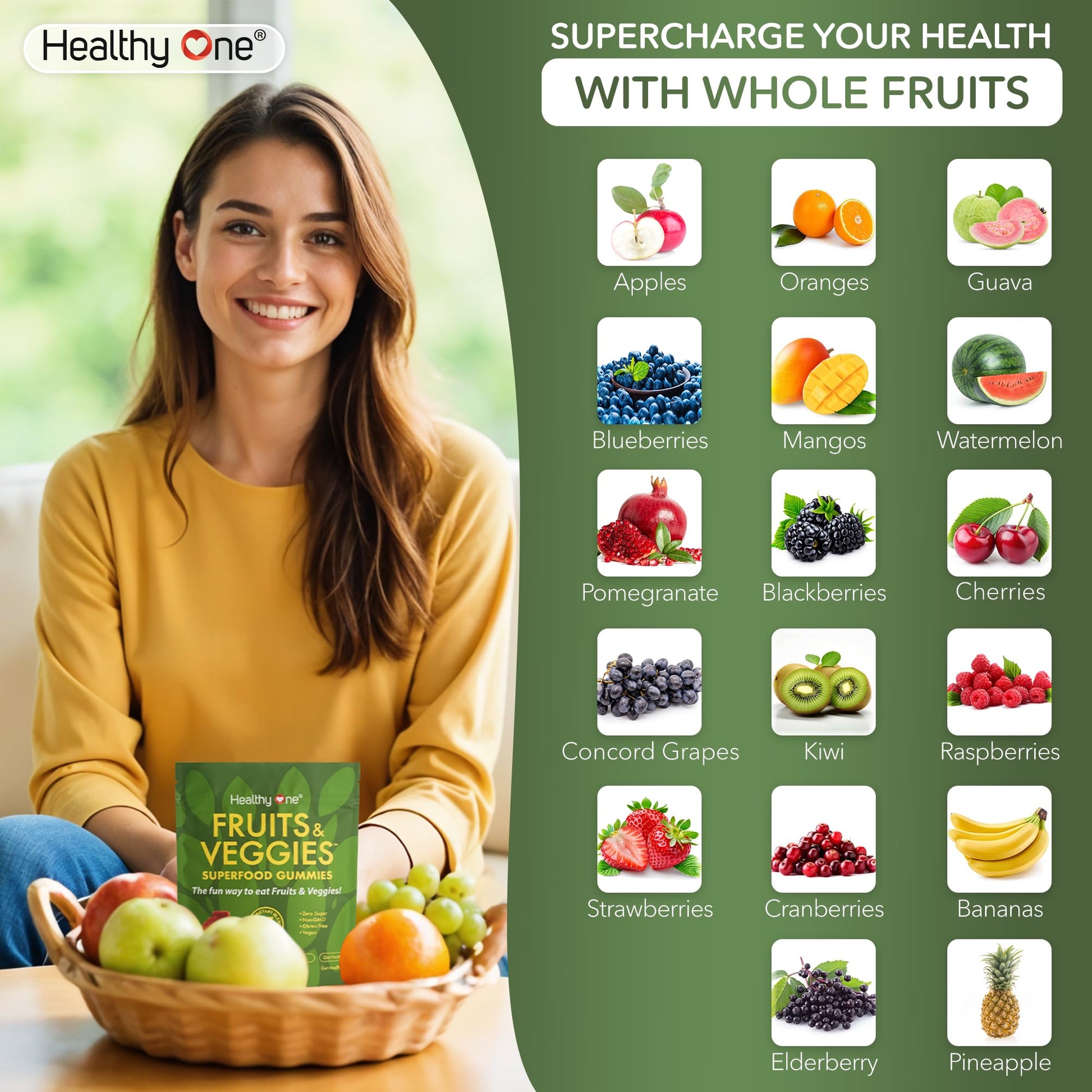 Fruits & Veggies Sugar-Free Gummies - 27 Whole Foods - Equals 3 Servings of Fruits & Vegetables - Improve Energy, Focus & Immune Function - Fiber - Antioxidants - Organic Ingredients - 28 Packets Healthy OneBuy Supplements Australia