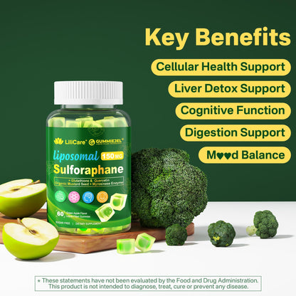 Liposomal Sulforaphane Supplement 150mg, from Broccoli Seed Extract w/Myrosinase, Quercetin, Glutathione, Sulforaphane Supplement Gummies for Antioxidants Detox Cellular Brain Health, Chewable 60Cts LILICAREBuy Supplements Australia