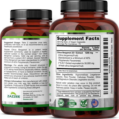 Zazzee Citrus Bergamot 25:1 Extract, 1200 mg Per Serving, 40% Polyphenolic Flavanones, 150 Vegan Capsules, 5 Month Supply, Citrus Bergamia, Antioxidant Support, Certified Kosher, Non-GMO, Made in USA ZazzeeBuy Supplements Australia