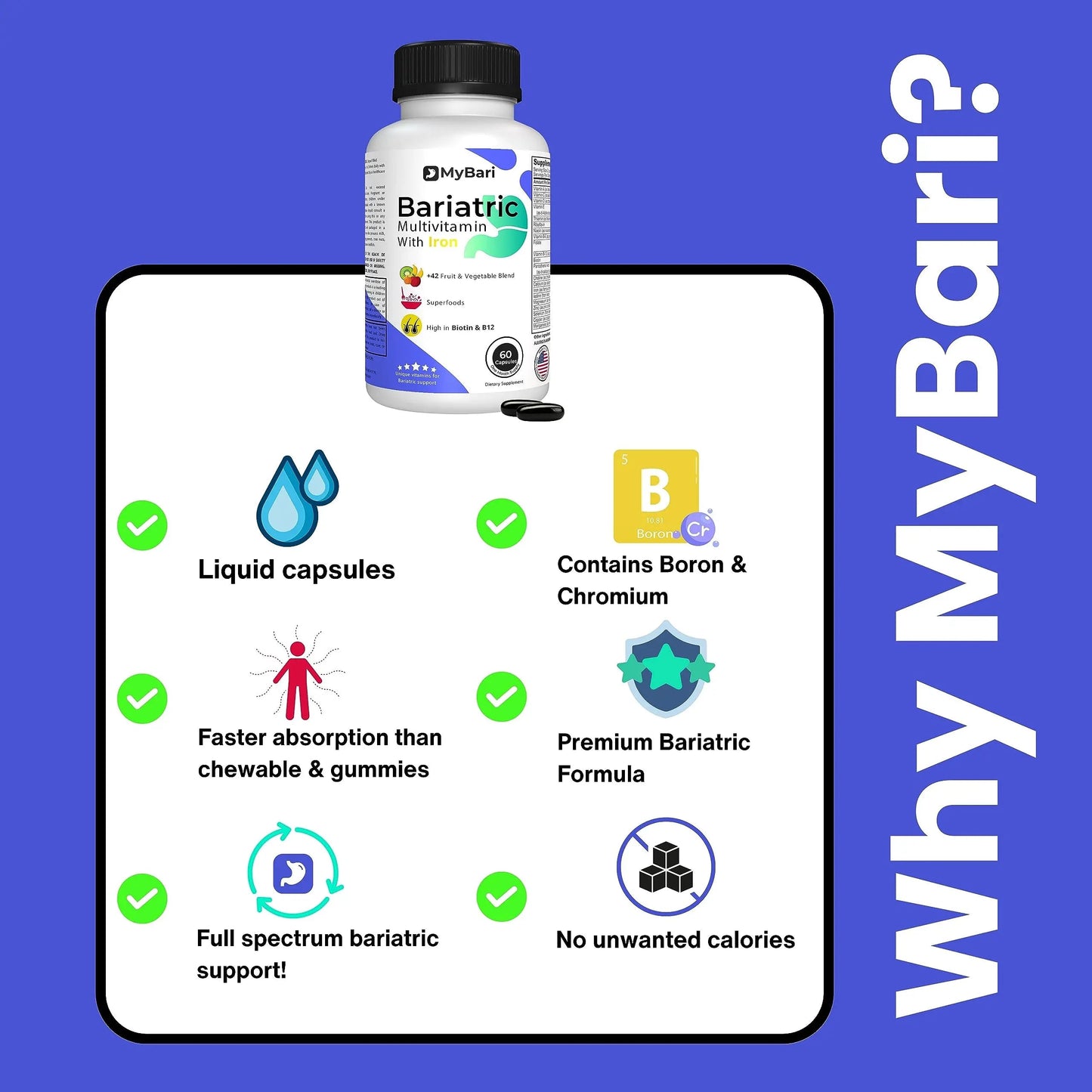 MyBari All-in-One Bariatric Multivitamin with Iron - Made in USA - for Men & Women - Supports Gastric Sleeve & Bypass with 42+ Fruit & Veggie Blend - 60 Liquid Capsules MyBariBuy Supplements Australia