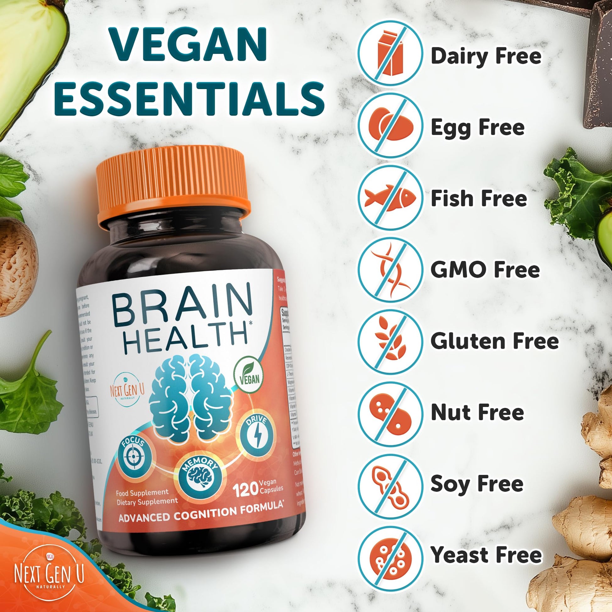 Brain Supplement - 120 Vegan Capsules - Dietary Nootropic May Help Memory, Cognitive Function & Focus - Formulation with Amino Acids, Polyphenols & B Vitamins - for Women, Men & Seniors - by NextGenU NGU Next Gen UBuy Supplements Australia
