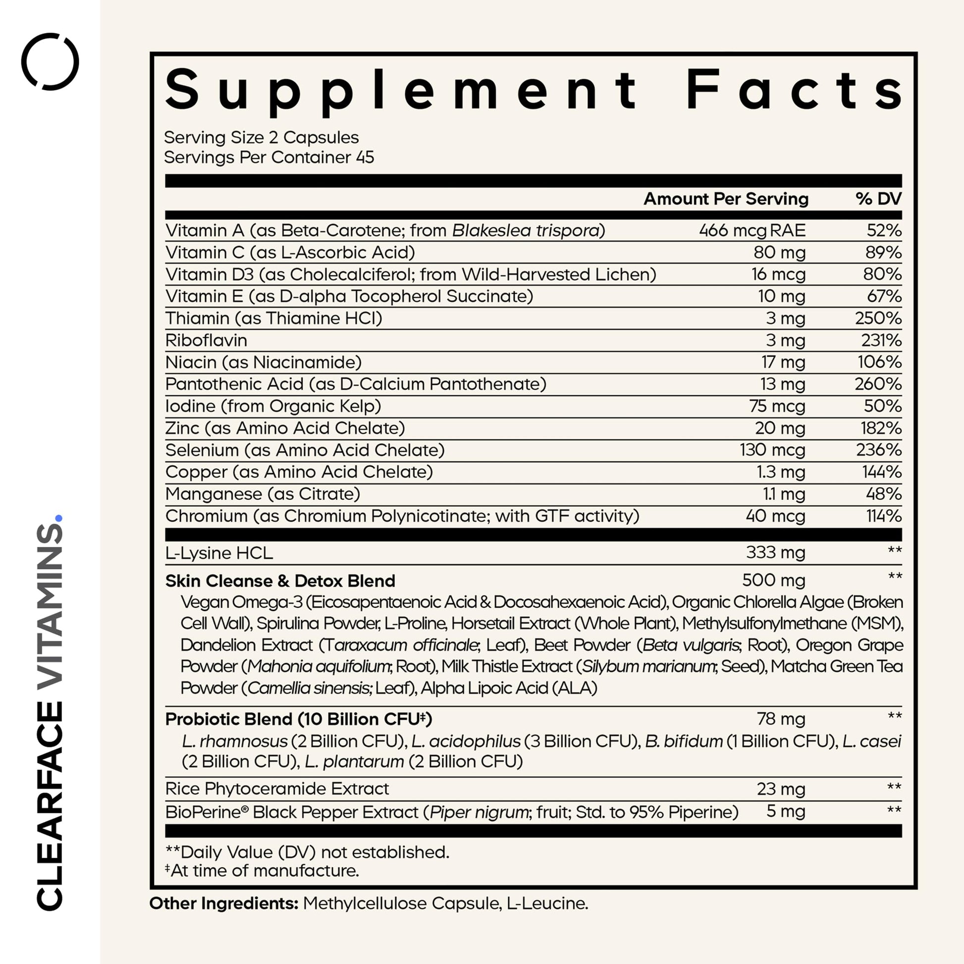Codeage Clearface Pantothenic Acid, Niacin Supplement, Vitamins A, C, D3, E, Probiotics, Zinc, Riboflavin, Thiamin, L-Lysine HCL & Omega-3, Niacinamide, Skin Botanical Blend - Non-GMO - 90 Capsules CodeageBuy Supplements Australia