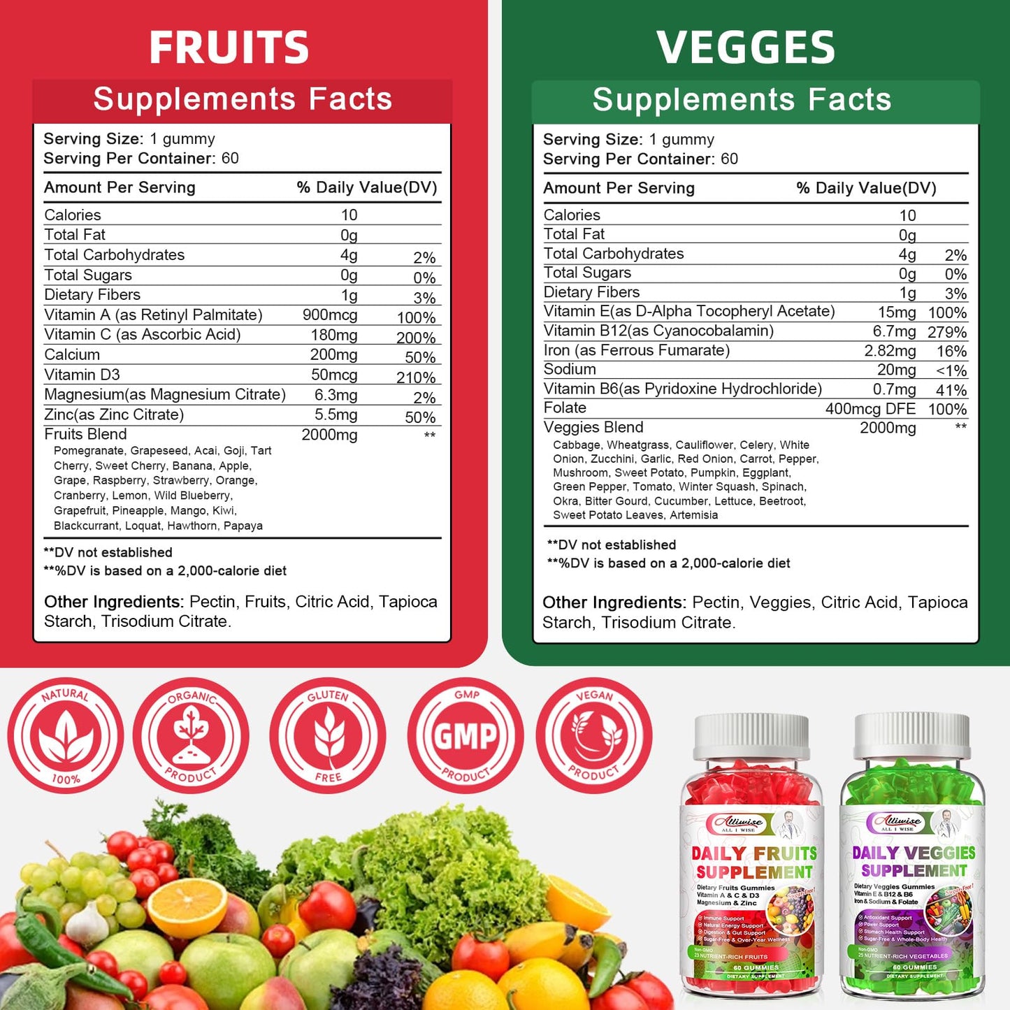 Sugar-Free Fruits & Veggies Gummies, Super Greens with 23 Fruits & 25 Veggies, Multivitamin Minerals & Fiber, Vegan Fruit & Vegetable Supplement for Adults, 120 Gummies, 2 Month Supply AlliwiseBuy Supplements Australia