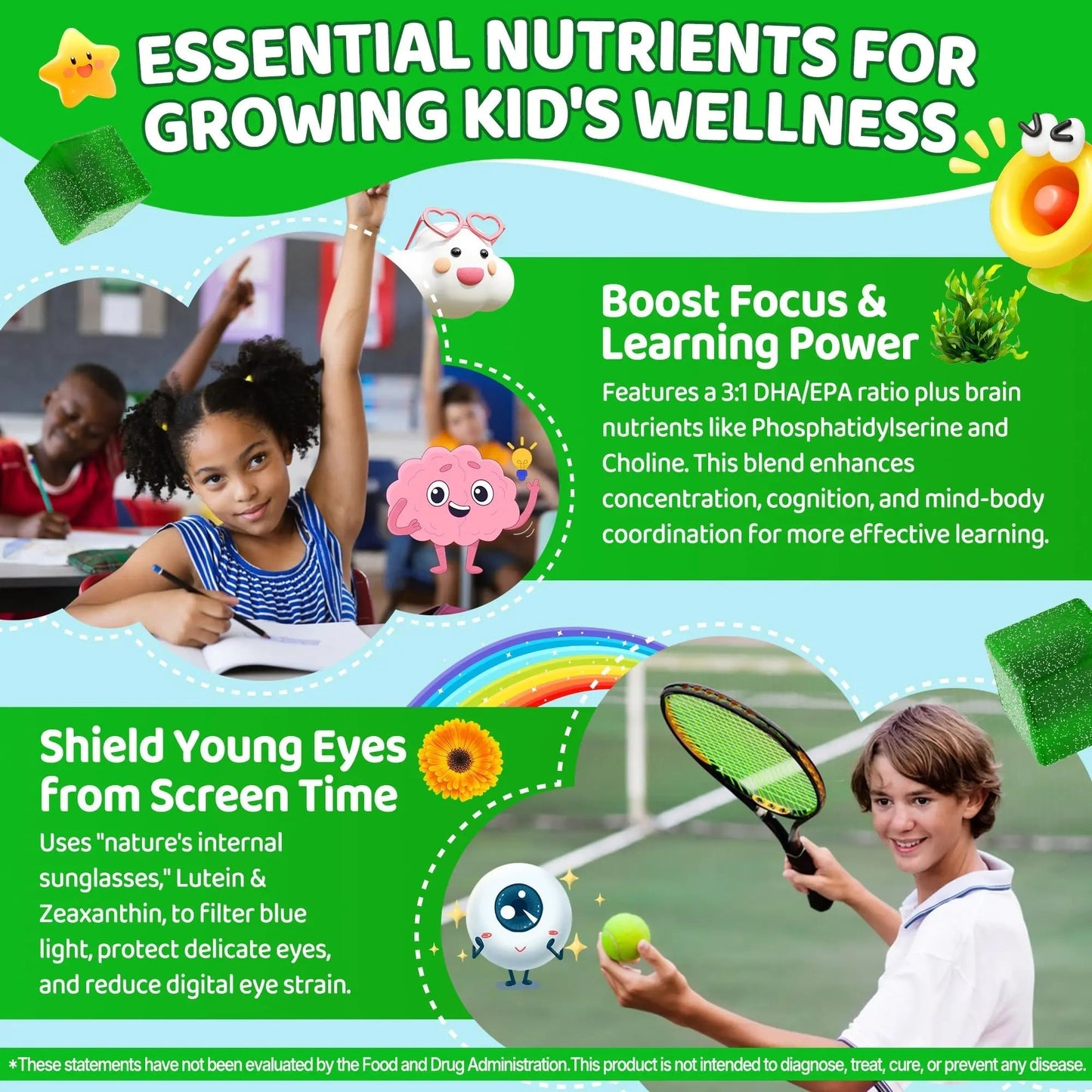 Kids Super Greens Gummies, w/Multivitamins, Spirulina, Chlorella, Spinach, Broccoli, Calcium, Omega-3 (DHA/EPA) EnvyCure