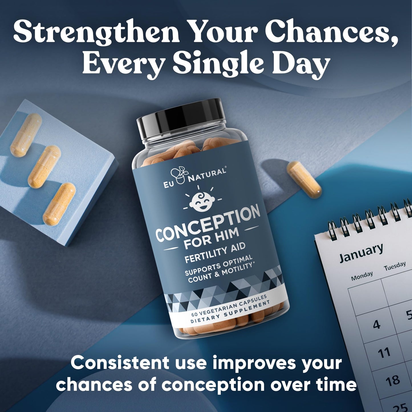 Eu Natural Conception for Him - Male Fertility Supplements with Ashwagandha, Folate & Zinc - Sperm Count, Motility & Strength Support