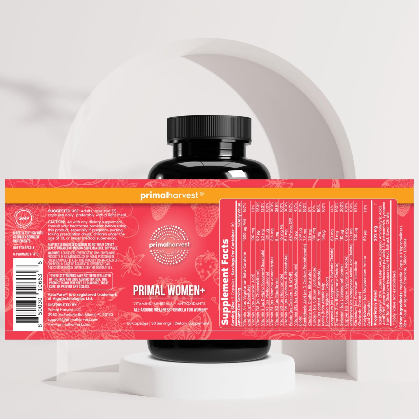 Primal Harvest Women+, Woman's Multivitamin Vitamin A, Vitamin C, Vitamin D and E, Vitamin B12, B6, Biotin