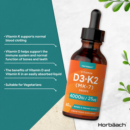 Vitamin D3 K2 Drops | 60mL | High Strength Vitamin D3 4000iu and K2 25ug | No Artificial HorbäachBuy Supplements Australia