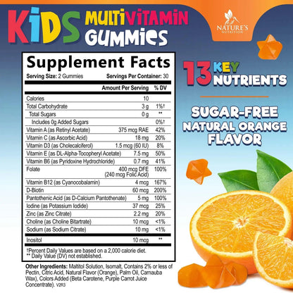 Kids Multivitamin Gummies - Improved Sugar-Free Formula - 100% Daily Folate, Kids Vitamins with Essential Vitamins A, C, D3, E, B6, B12 Nature's Nutrition
