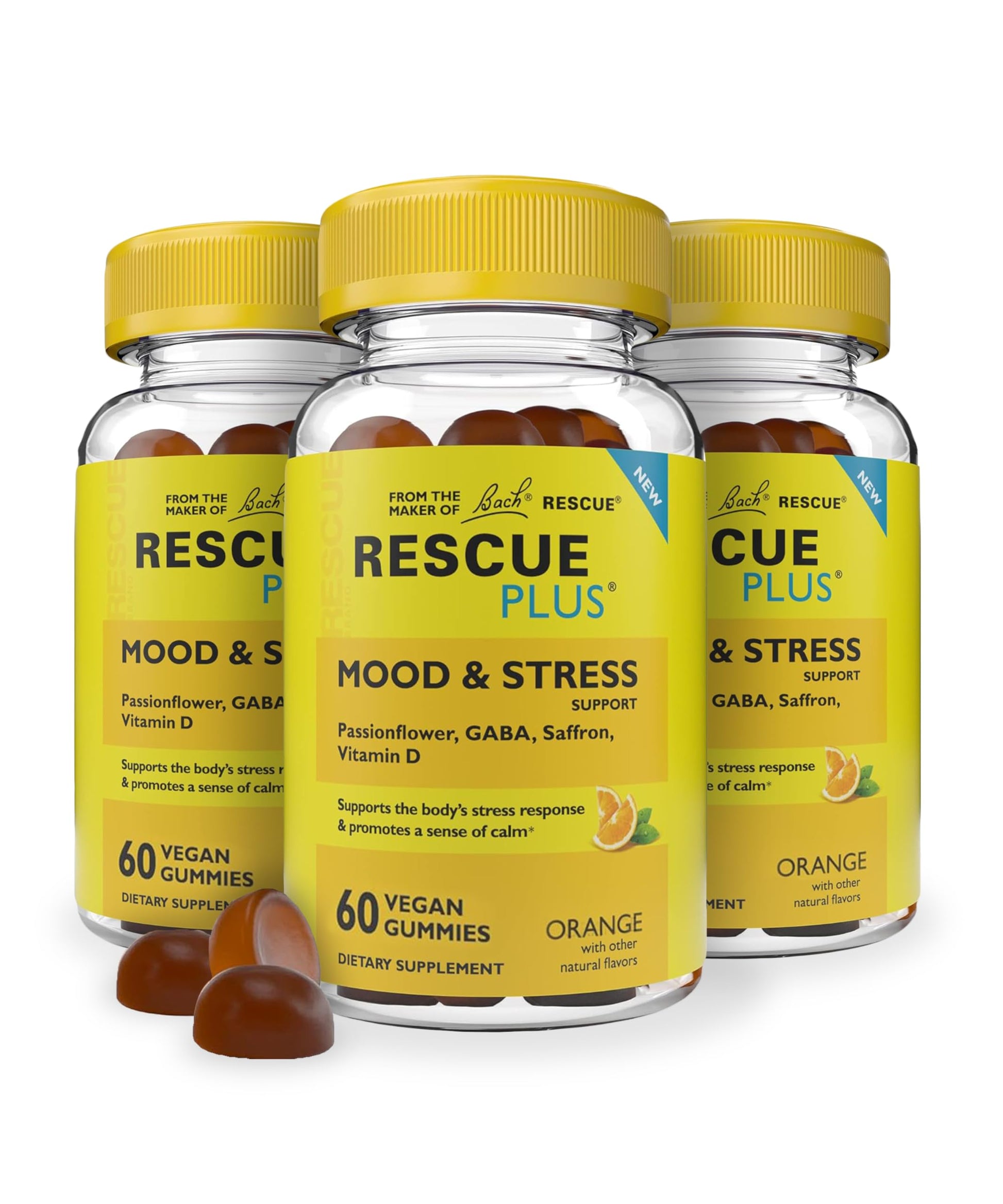 RESCUE Bach Plus Mood & Stress Support Gummies, Daytime Dietary Supplement with Passionflower, GABA, Saffron & Vitamin D, Natural Orange Flavor, Vegan & Gluten-Free, 3 Pack, 180 Count Total RESCUEBuy Supplements Australia