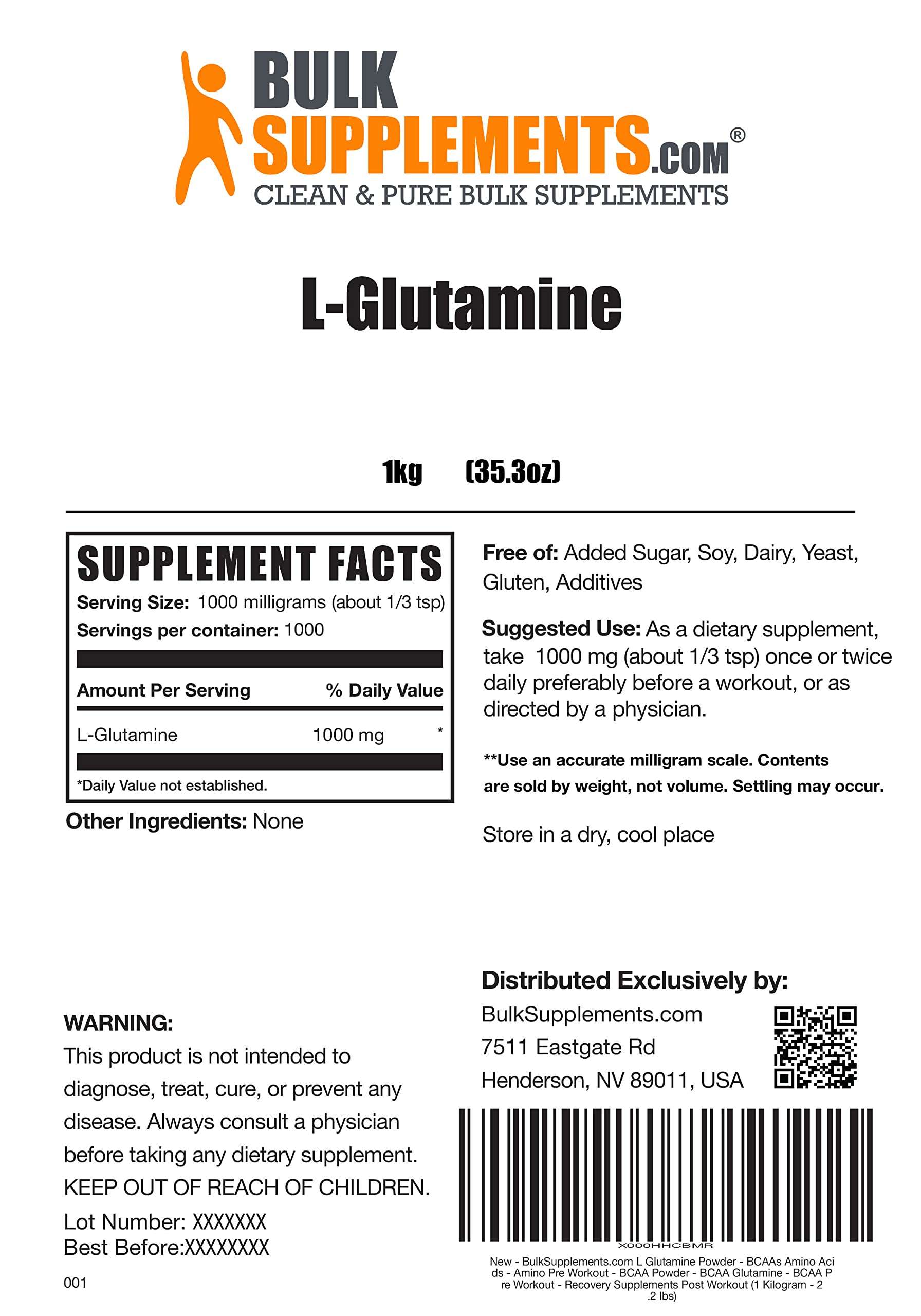 BULKSUPPLEMENTS.COM Beta Alanine Powder (500g), with L-Citrulline Malate 2:1 Powder (100g), L-Glutamine Powder (1KG) & BCAA 2:1:1 Powder (500g) Bundle