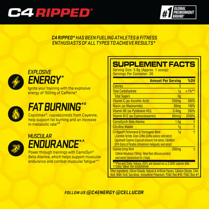 Cellucor C4 Ripped Pre Workout Powder Raspberry Lemonade | Creatine Free + Sugar Free CellucorBuy Supplements Australia