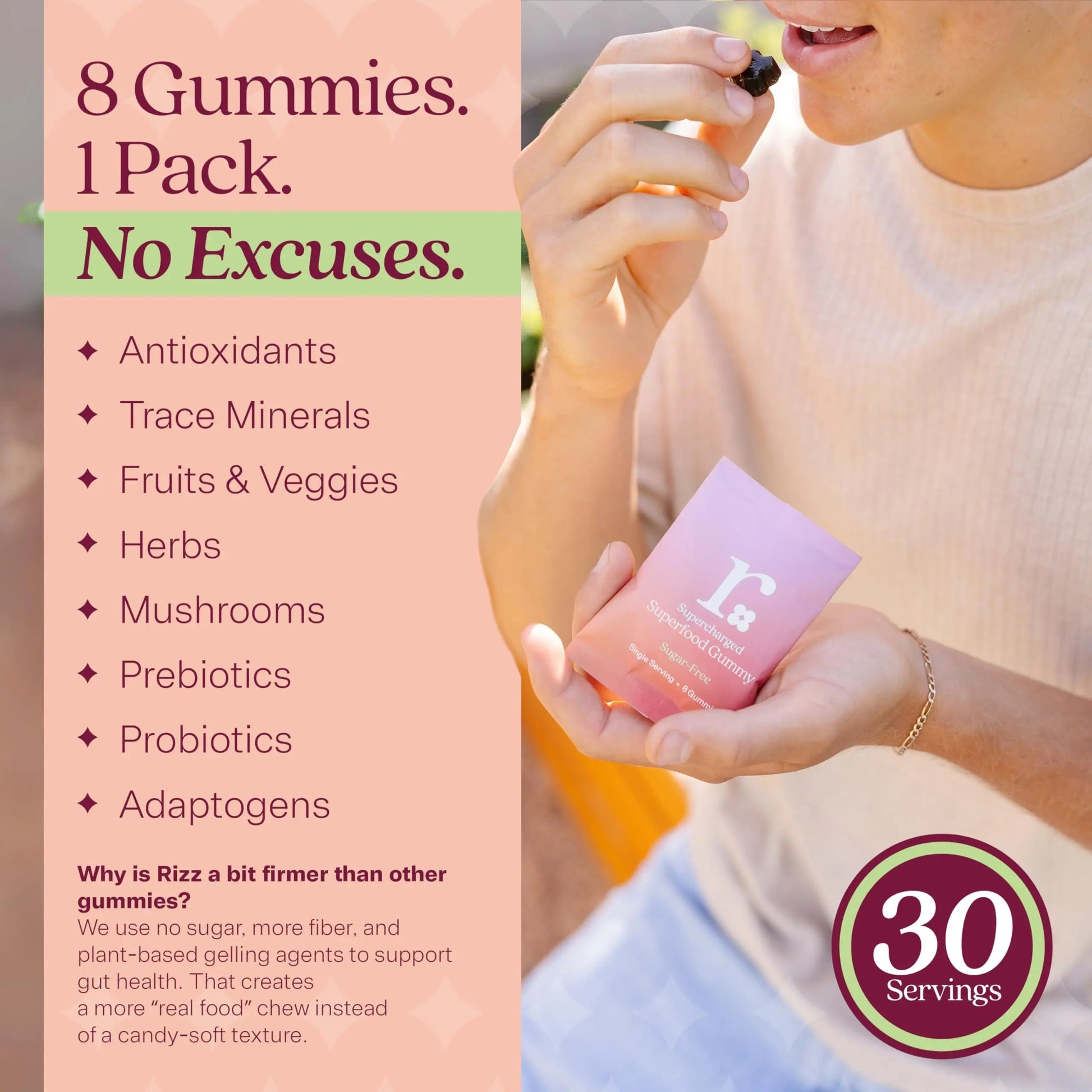 Rizz Sugar-Free Green Gummies - 60+ Superfoods 6g Fiber - Prebiotic and Probiotic Gummies - Vegan Multivitamins for Women & Men Rizz