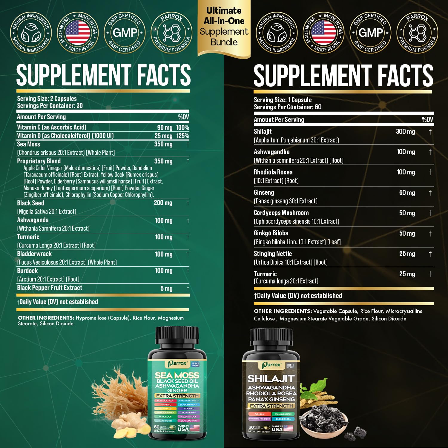 Parrox Shilajit and Sea Moss Bundle, Sea Moss 350mg, Black Seed Oil 200mg, Ashwagandha 100mg, Turmeric, Shilajit 300mg, Rhodiola Rosea 100mg, Panax Ginseng 50mg, Dynamic Vitality Bundle (2 Pack) ParroxBuy Supplements Australia