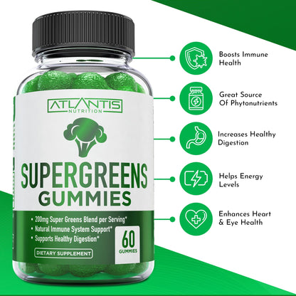 Atlantis Nutrition Supergreens Gummies - Daily Green Superfoods Supplement with Spinach, Broccoli, Moringa, Beet Root, Celery, Green Tea, & Acai for Immunity Support - Natural Raspberry Flavor, 60 cnt Atlantis NutritionBuy Supplements Australia