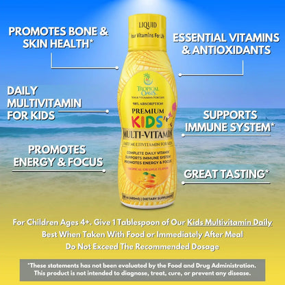 Premium Liquid Multivitamin For Kids | Sugar Free Kids Vitamins | 100% DV of 14 Vitamins for Kids | Multivitamin for Children Ages 4+ | Tropical OasisBuy Supplements Australia