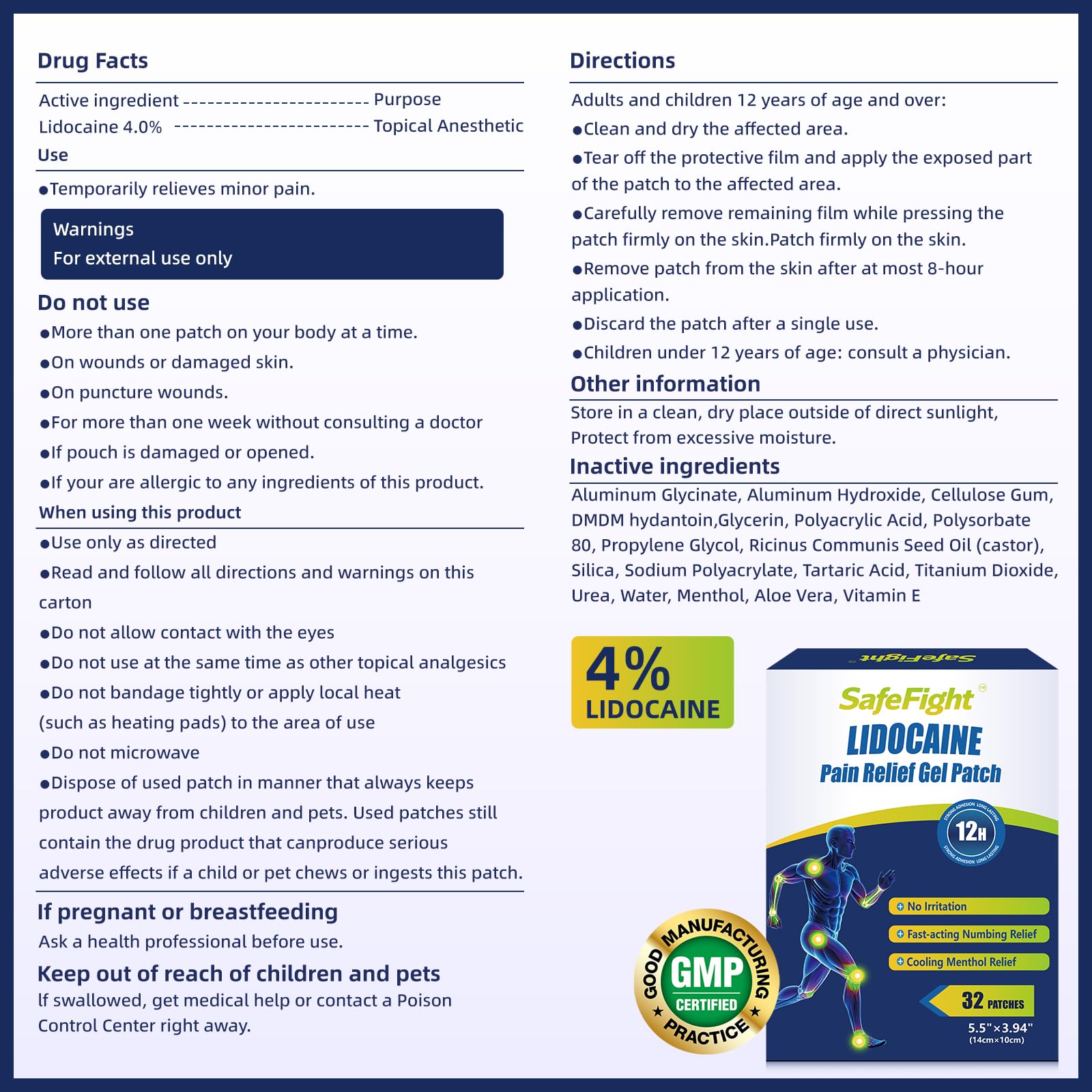 SafeFight 4% Lidocaine Pain Relief Patches 32 Count - Maximum Strength Relief for Back, Neck, Shoulder, Joint & Muscle Pain, Add Menthol, 12 Hour Long Lasting Relief Pains SafeFightBuy Supplements Australia