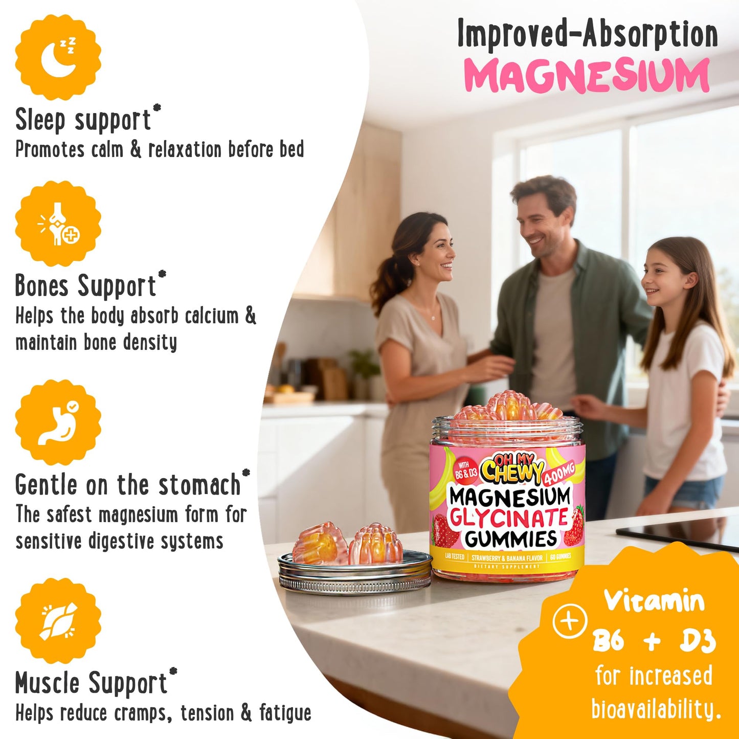 Center-Filled Magnesium Glycinate Gummies 400MG - High Absorption for Kids, Teens & Adults - Supplement for Sleep, Calm & Muscle Relaxation with B6 & D3