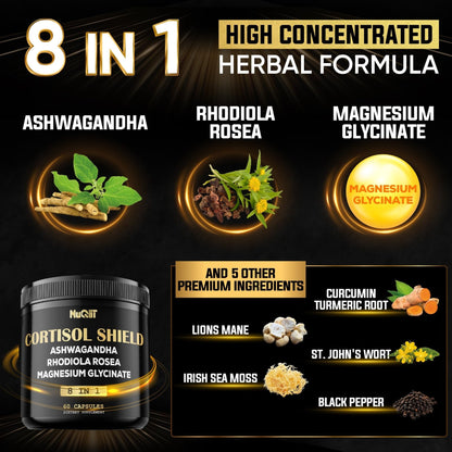 8in1 Cortisol Shield - Ashwagandha and Magnesium, Rhodiola Rosea, Lions Mane, Sea Moss, Turmeric, St Jonh's Wort - Mind& Mood Balance, Rest Well, Support Immume - 60 Capsules - Maple Wellness Supplements