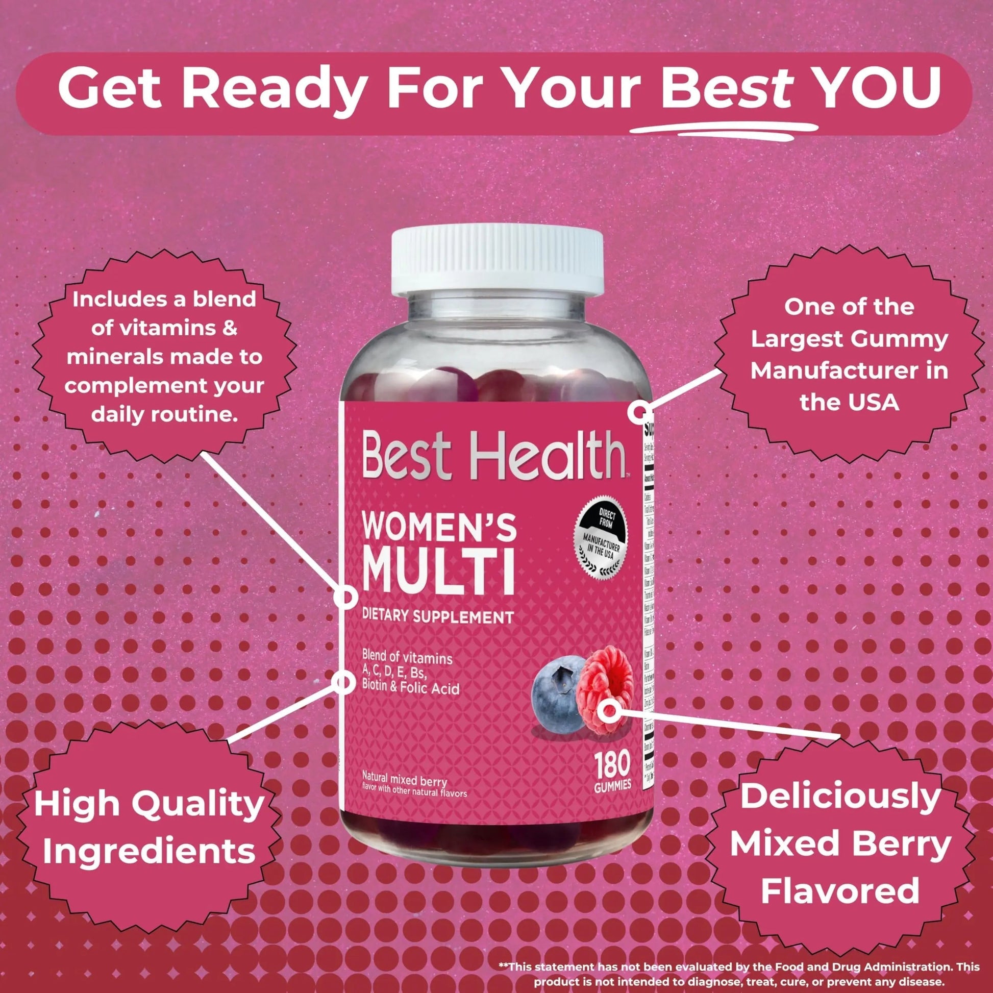 Best Health Women’s Multivitamin Gummies, Multivitamin for Women with Biotin, Folic Acid, Vitamins A,C,D,E,Natural Mixed Berry Flavor (180ct) Best HealthBuy Supplements Australia