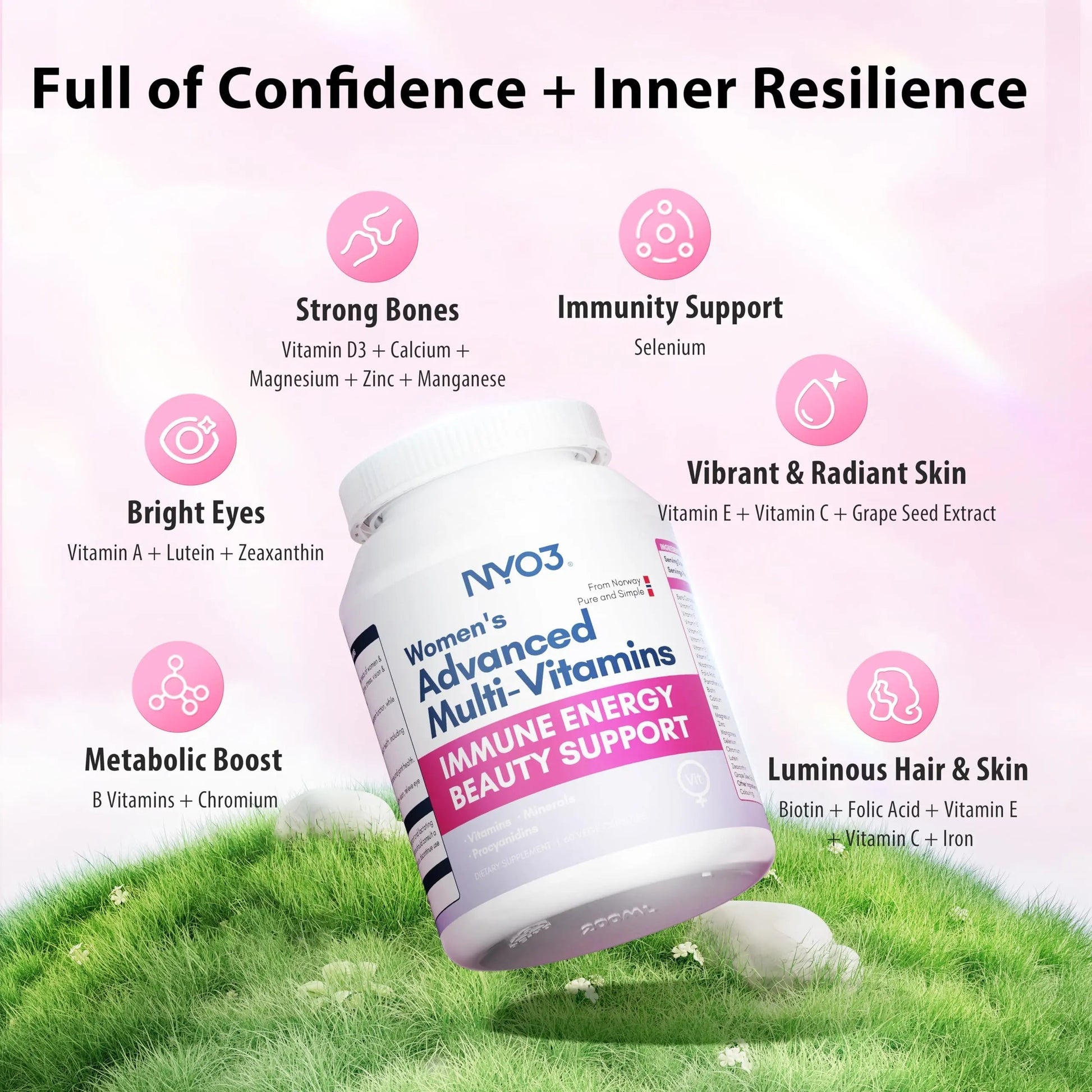 NYO3 Multivitamin for Women with 22 Essential Nutrients | 7 Minerals & 3 Special Additives & 12 Vitamins | Lutein, Zeaxanthin, Grape Seed | NYO3