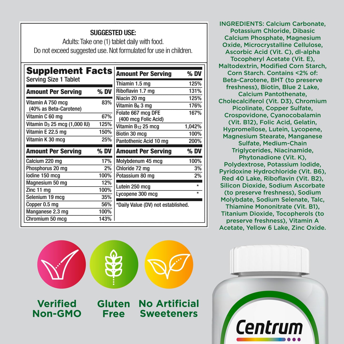 Centrum Silver Multivitamin for Adults 50 Plus, Multivitamin/Multimineral Supplement, Vitamin D3, B Vitamins, Gluten Free, Non-GMO Ingredients