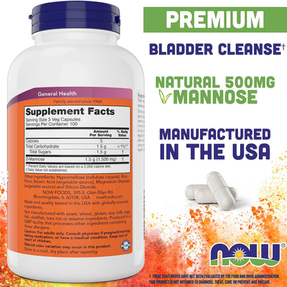 Now D-Mannose 500 mg, 300 Capsules - Vegan, Non GMO Supplement for Women and Men - Supports Healthy Urinary Tract, Cleanses The Bladder NOW FoodsBuy Supplements Australia