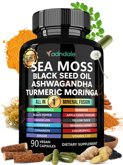 Adndale Sea Moss Capsules - Sea Moss Blend with Ashwagandha, Turmeric- 90 Count - Maple Wellness Supplements