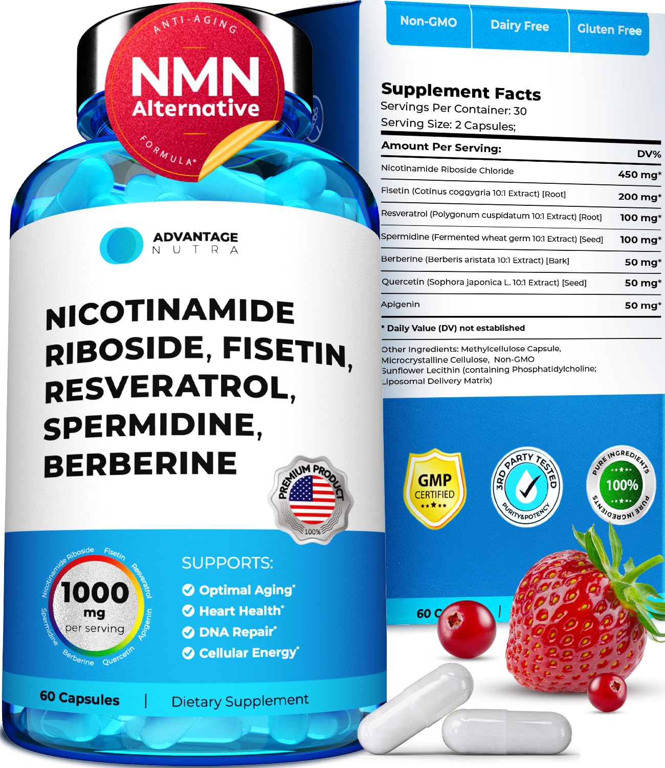 AdvantageNutra Liposomal Nicotinamide Riboside NR Supplement Resveratrol NAD : Nicotinamide 500mg w/Fisetin, Resveratrol Powder Spermidine Berberine NAD Resveratrol Supplement 500 mg - 60 caps 1 Pack - Maple Wellness Supplements